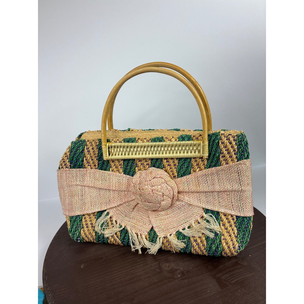 Vintage Woven Straw Raffia Handbag Green Beige Summer Boho Basket Purse Bow